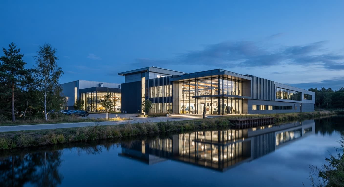 A modern industrial and technology facility in Germany at dusk