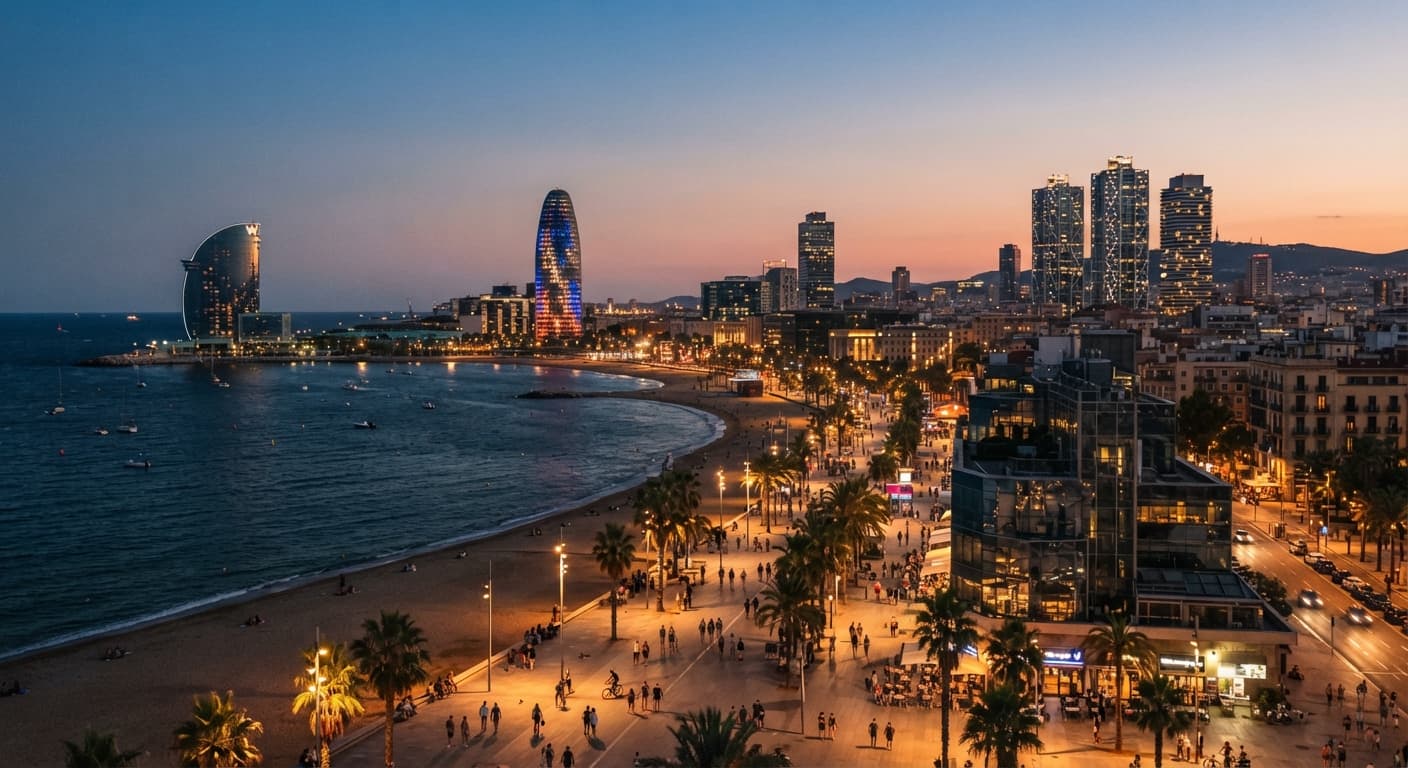 City skyline at dusk along a beachfront promenade, representing Israel